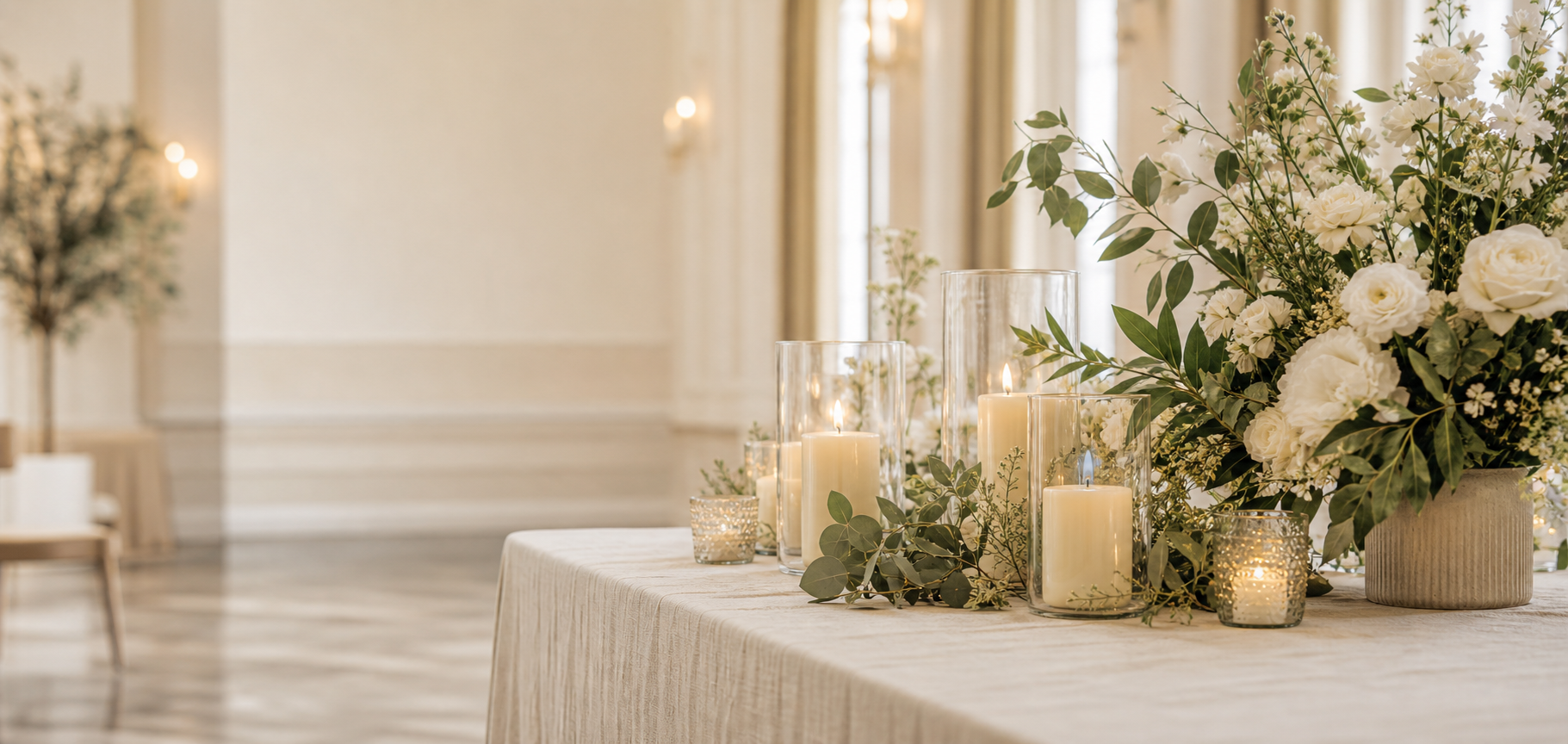 Composition florale sobre avec bougies